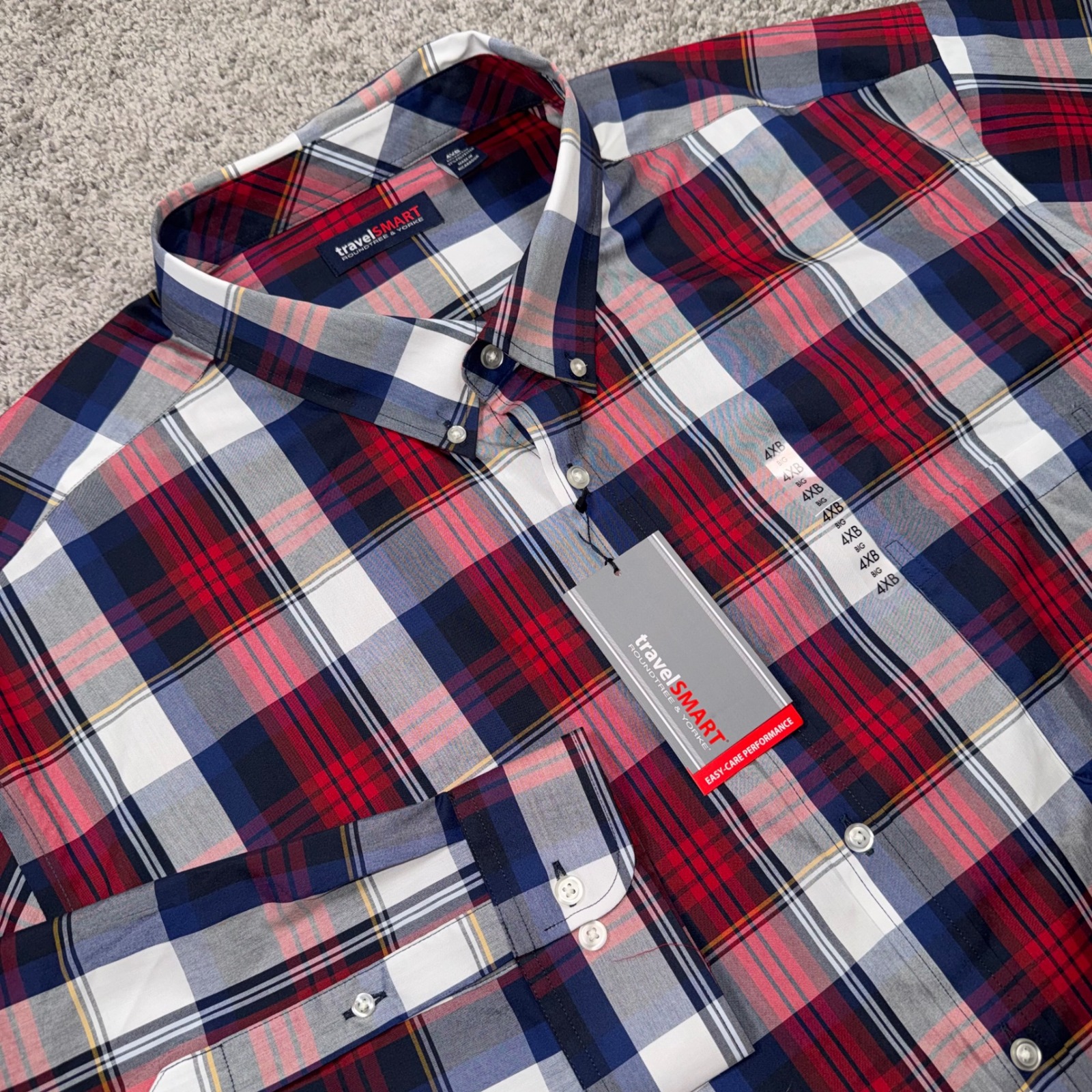 Roundtree & Yorke Travelsmart Shirt Mens 4xb Plaid Red Navy Blue Long Sleeve New